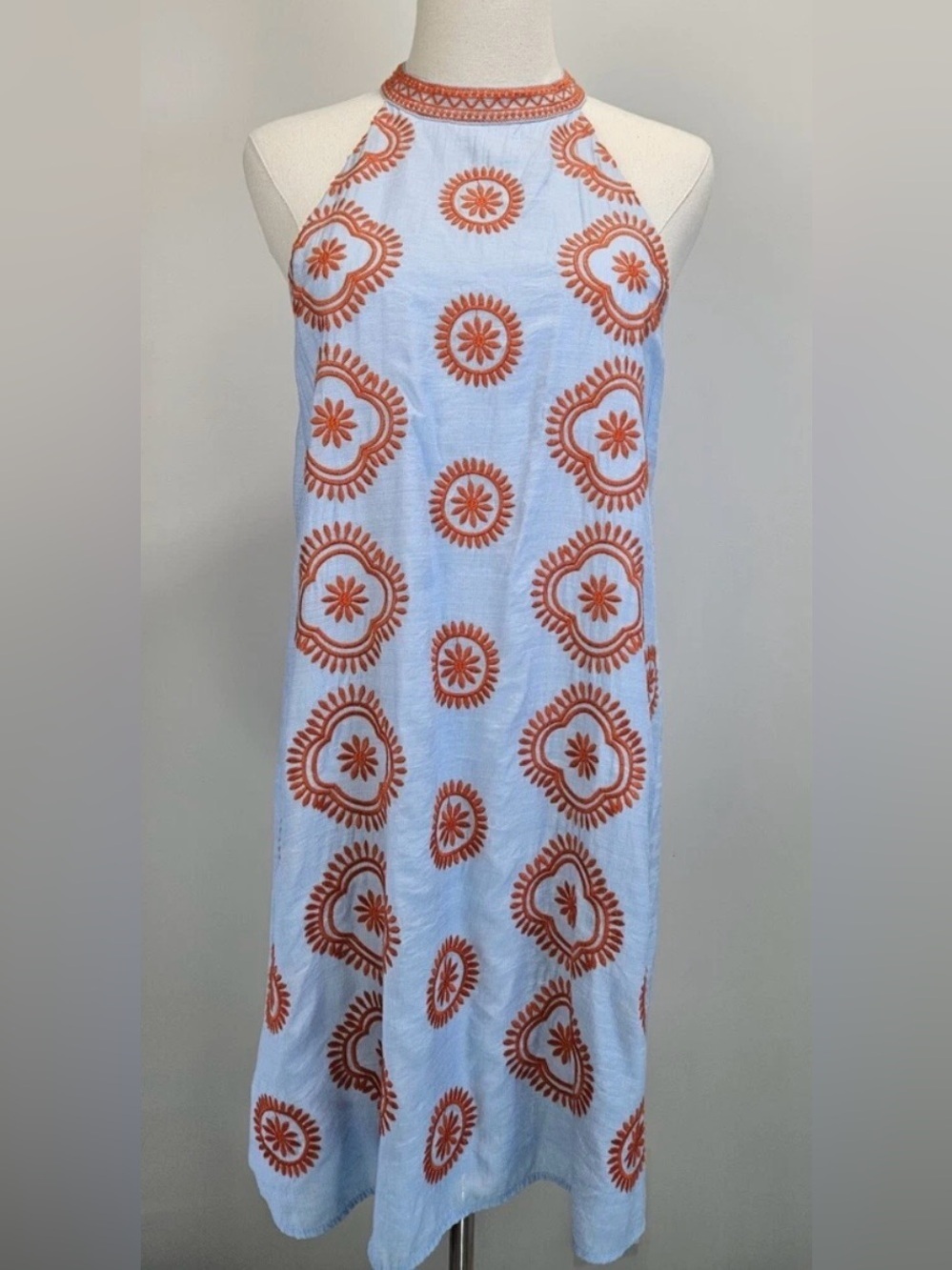 NEW THML Women’s Light Blue Halter Dress with Orange Embroidery Size L